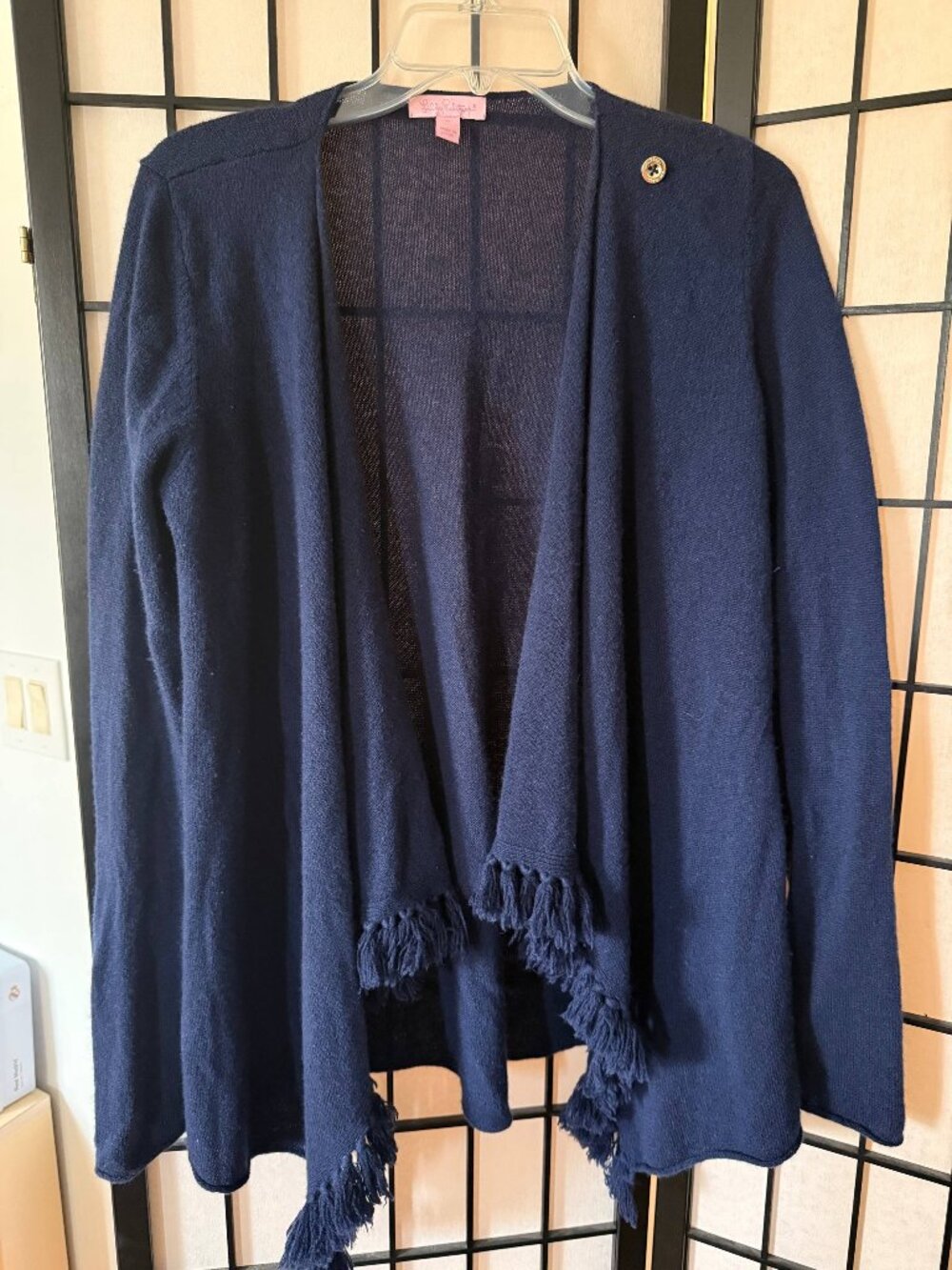 Lilly Pulitzer 100% Cashmere Navy Fringe Drape Cardigan Gold Button Wrap M